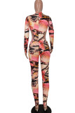 Red Sexy Print Hollowed Out Patchwork V Neck Skinny Jumpsuits
