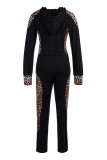 Black Casual Print Leopard Split Joint Hooded Collar Long Sleeve Two Pieces