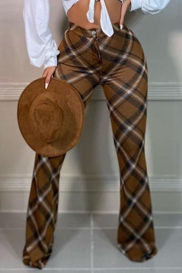 Khaki Casual Plaid Print Patchwork Straight High Waist Straight Full Print Bottoms