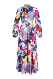 Multicolor Fashion Casual Print Basic V Neck Long Sleeve Dresses