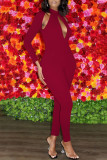 Red Sexy Solid Hollowed Out Patchwork O Neck Regular Jumpsuits