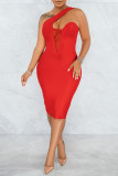 Red Fashion Sexy Solid Split Joint Backless One Shoulder Sleeveless Dress Dresses
