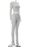 Grey Casual Sportswear Solid Patchwork O Neck Long Sleeve Two Pieces