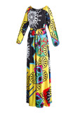 Yellow Fashion Casual Print Backless Off the Shoulder Long Sleeve Dresses