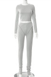 Grey Casual Sportswear Solid Patchwork O Neck Long Sleeve Two Pieces