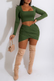 Burgundy Fashion Sexy Solid Asymmetrical Square Collar Long Sleeve Two Pieces