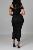Black Sexy Solid Hollowed Out Patchwork Asymmetrical Off the Shoulder One Step Skirt Dresses