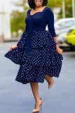 Tibetan Blue Fashion Casual Dot Print Patchwork V Neck Long Sleeve Dresses