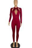 Red Sexy Solid Hollowed Out Patchwork O Neck Regular Jumpsuits