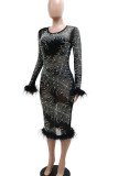 Black Sexy Solid Patchwork See-through Feathers Beading Hot Drill O Neck One Step Skirt Dresses