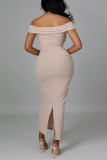Apricot Sexy Solid Hollowed Out Patchwork Asymmetrical Off the Shoulder One Step Skirt Dresses