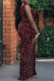 Purplish Red Fashion Sexy Patchwork Sequins Slit O Neck Evening Dress