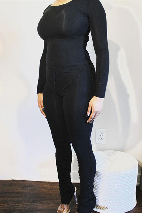 Black Casual Sportswear Solid Patchwork O Neck Long Sleeve Two Pieces