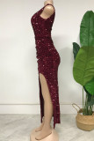 Purplish Red Fashion Sexy Patchwork Sequins Slit O Neck Evening Dress