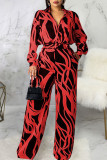 White Casual Print Patchwork Buckle Turndown Collar Straight Jumpsuits
