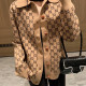 Khaki Fashion Vintage Letter Patchwork Turndown Collar Tops