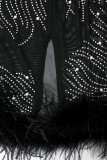 Black Sexy Solid Patchwork See-through Feathers Beading Hot Drill O Neck One Step Skirt Dresses