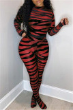 Red Fashion Sexy Print See-through O Neck Skinny Jumpsuits