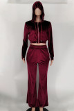 Burgundy Casual Solid Split Joint Zipper Hooded Collar Long Sleeve Two Pieces