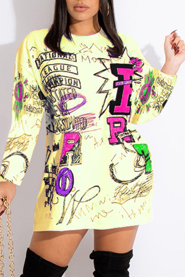 Yellow Casual Print Patchwork O Neck Straight Dresses
