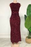 Purplish Red Fashion Sexy Patchwork Sequins Slit O Neck Evening Dress