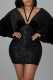 Black Sexy Solid Bandage Sequins Patchwork V Neck One Step Skirt Dresses