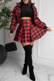 Red Casual Plaid Split Joint Zipper Collar Outerwear