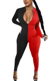 Red Fashion street Solid zipper Milk. Long Sleeve O Neck Jumpsuits