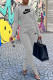 Grey Fashion Casual Print Patchwork Slit O Neck Long Sleeve Two Pieces