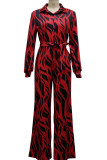 Red Casual Print Patchwork Buckle Turndown Collar Straight Jumpsuits
