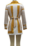 Yellow Fashion Casual Print With Belt Turndown Collar Long Sleeve Shirt Dress