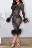 Black Sexy Solid Patchwork See-through Feathers Beading Hot Drill O Neck One Step Skirt Dresses