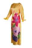 Yellow Fashion Casual Print Basic O Neck Long Sleeve Dresses