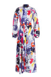 Multicolor Fashion Casual Print Basic V Neck Long Sleeve Dresses