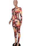 Red Sexy Print Hollowed Out Patchwork V Neck Skinny Jumpsuits