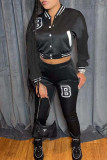Coffee Fashion Casual Patchwork Letter O Neck Long Sleeve Two Pieces