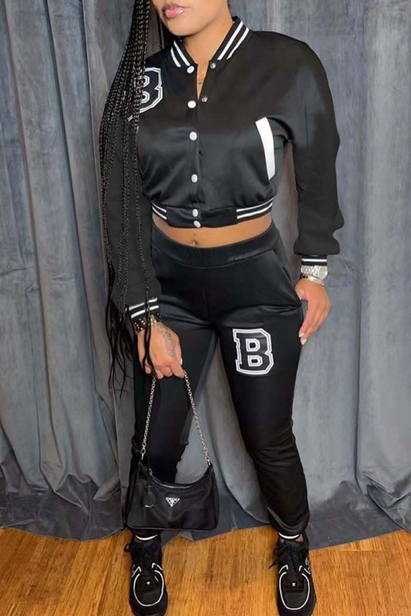 Black Fashion Casual Patchwork Letter O Neck Long Sleeve Two Pieces
