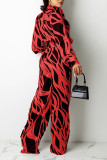 Red Casual Print Patchwork Buckle Turndown Collar Straight Jumpsuits