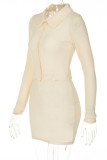Cream White Sexy Casual Solid Buttons Turndown Collar Long Sleeve Dresses