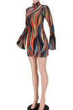 Multicolor Sexy Print Split Joint Slit Turtleneck One Step Skirt Dresses