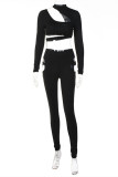Black Sexy Casual Solid Hollowed Out Turtleneck Two Pieces