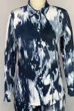 Blue Fashion Casual Print Patchwork Buckle Turndown Collar Plus Size Two Pieces