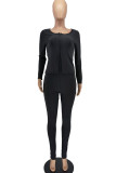 Black Casual Solid Split Joint Zipper Long Sleeve Two Pieces