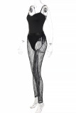 Black Fashion Sexy Patchwork See-through Backless Spaghetti Strap Sleeveless Two Pieces