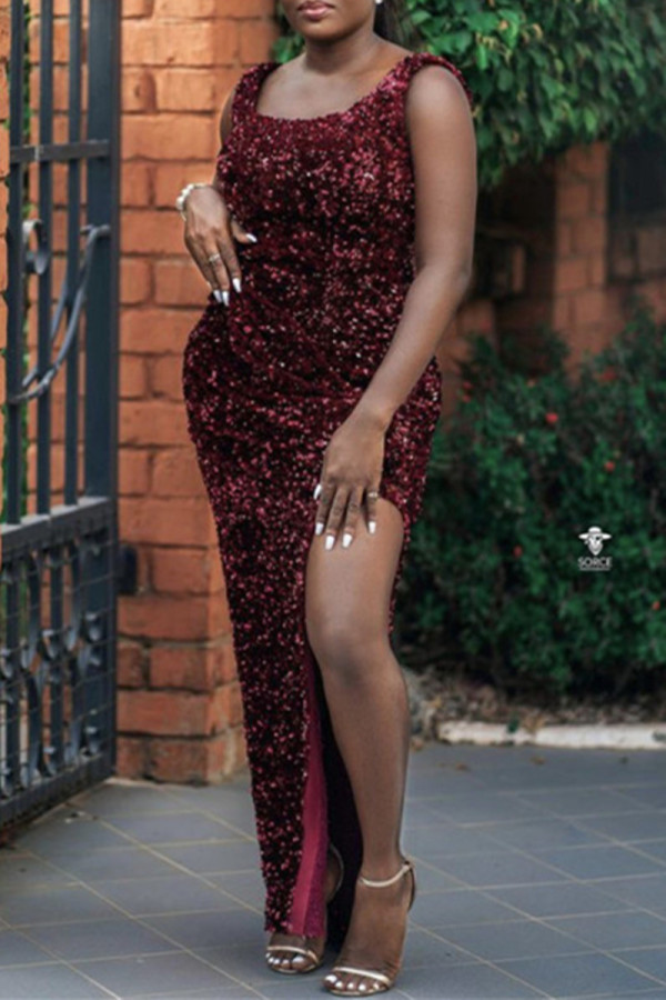Purplish Red Fashion Sexy Patchwork Sequins Slit O Neck Evening Dress