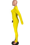 Yellow Fashion street Solid zipper Milk. Long Sleeve O Neck Jumpsuits