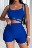 Royal Blue Fashion Sportswear Solid Patchwork Backless Spaghetti Strap Sleeveless Two Pieces