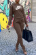 Coffee Fashion Casual Print Patchwork Slit O Neck Long Sleeve Two Pieces
