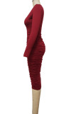 Red Sexy Solid Split Joint V Neck One Step Skirt Dresses