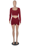 Burgundy Fashion Sexy Solid Asymmetrical Square Collar Long Sleeve Two Pieces